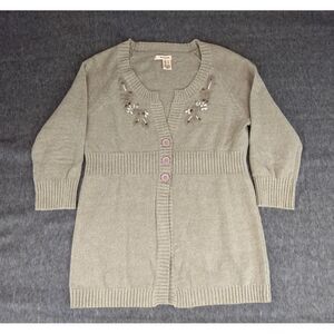 DKNY Jeans Cardigan 3-Button Knit Sweater‎ Tan Gray Floral Crochet Ribbed Size S